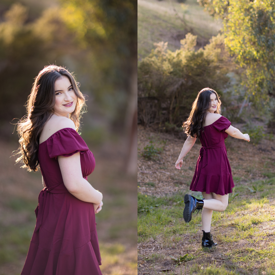 High school senior girl in a burgundy off-shoulder dress, smiling confidently in the sunlight with a lush, natural background; another pose shows her playfully twirling and showing off her black boots in a vibrant outdoor setting.