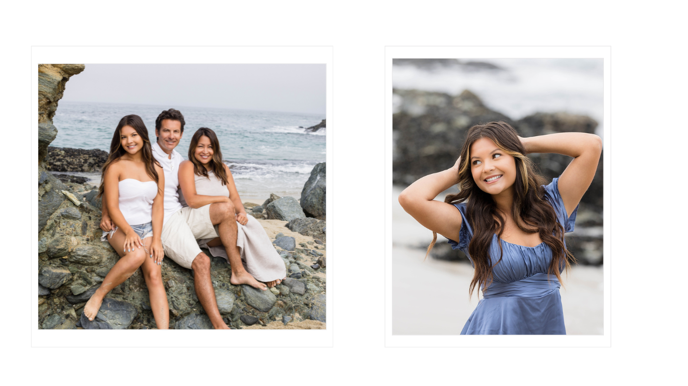 A senior portrait session at the beach, along with family moments that capture the joy of this milestone. A mix of solo and family images highlights the connection and celebration of this special time.