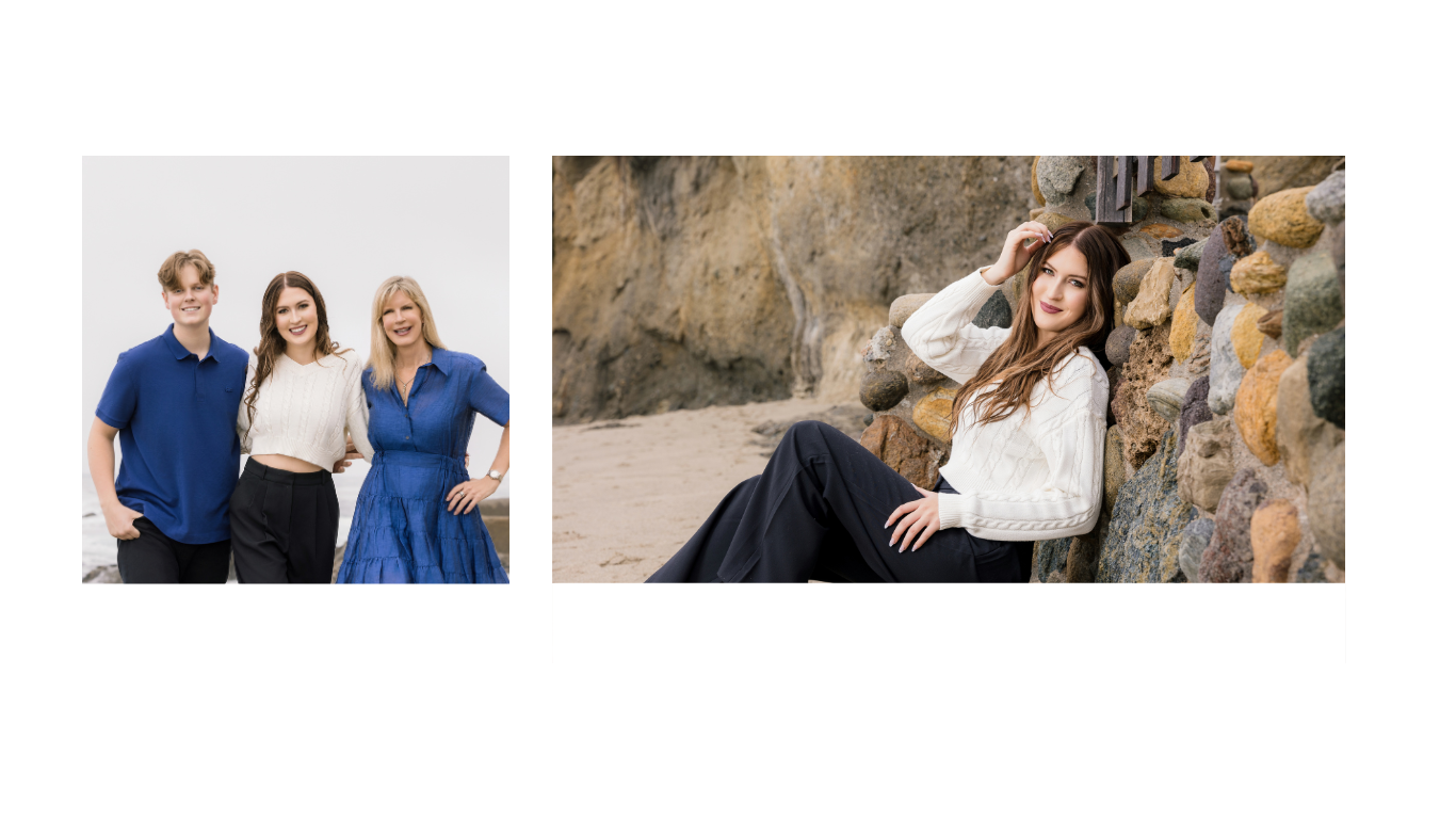 A senior portrait and family session at the beach. One image captures a confident senior posing against a rustic stone wall, while another showcases a warm family moment with siblings and their mother. A perfect combination of celebrating a senior milestone and cherishing family connections.