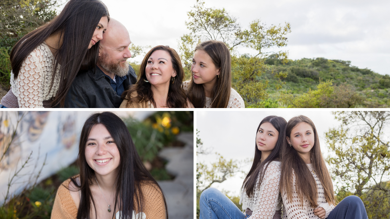 A senior and family portrait session set in a scenic outdoor location. The images capture a mix of heartfelt family moments, a solo senior portrait with a warm smile, and a sibling bond against a natural backdrop. A perfect combination of celebrating a senior milestone and cherishing family connections.