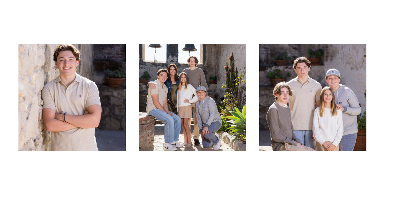 A senior portrait and family session at a historic location. The senior poses confidently against a stone wall, while family portraits showcase the warmth and connection among siblings and parents. A perfect blend of celebrating a senior milestone while capturing meaningful family memories.