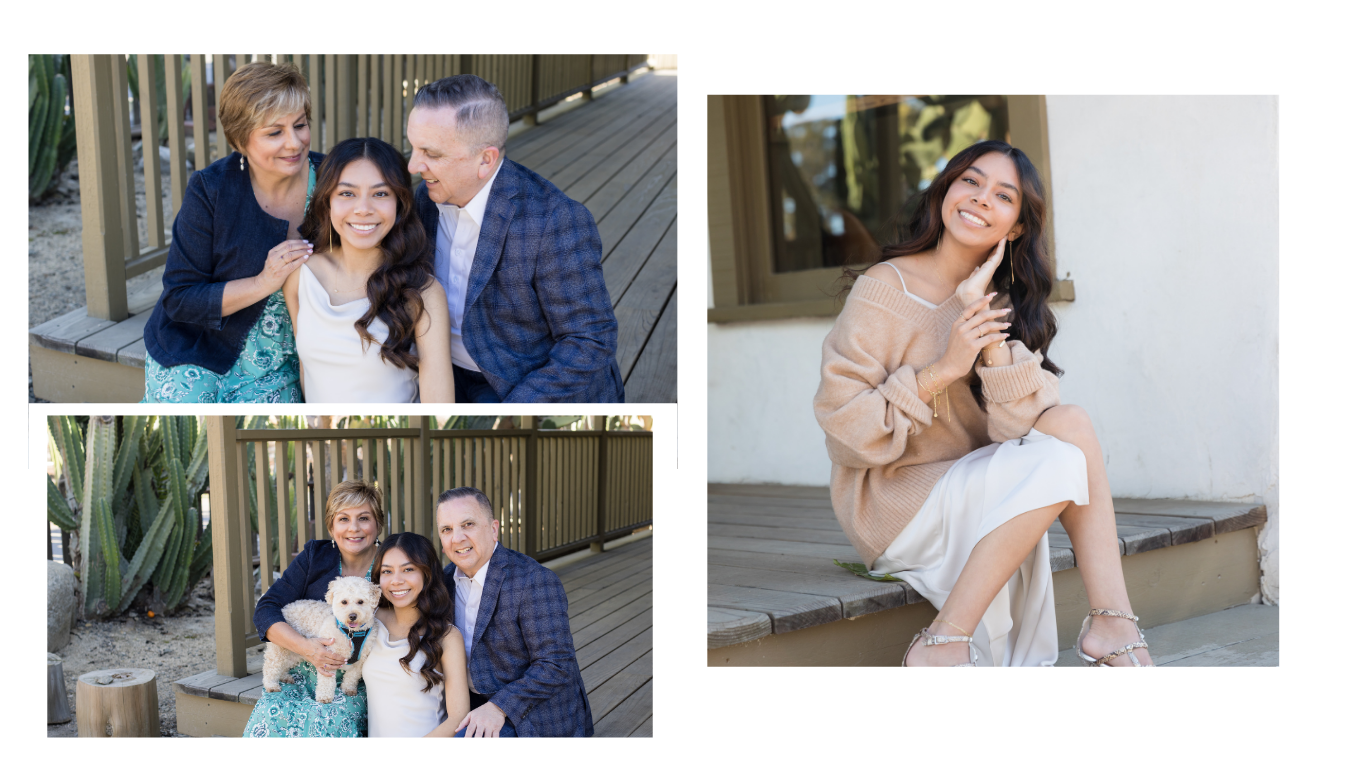 A senior portrait session that beautifully combines individual and family moments. The senior poses confidently in a cozy outfit, while heartwarming family portraits capture the love and connection between parents and their graduate. A perfect blend of celebrating this milestone while creating lasting family memories.