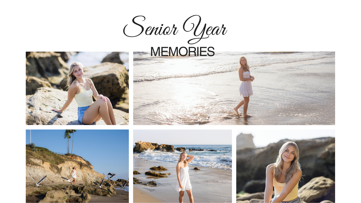 Senior pictures captured in a beautiful beach setting, showcasing natural light and golden hour magic. A carousel of stunning portraits highlighting different poses, outfits, and scenic backdrops, perfect for celebrating senior year memories.