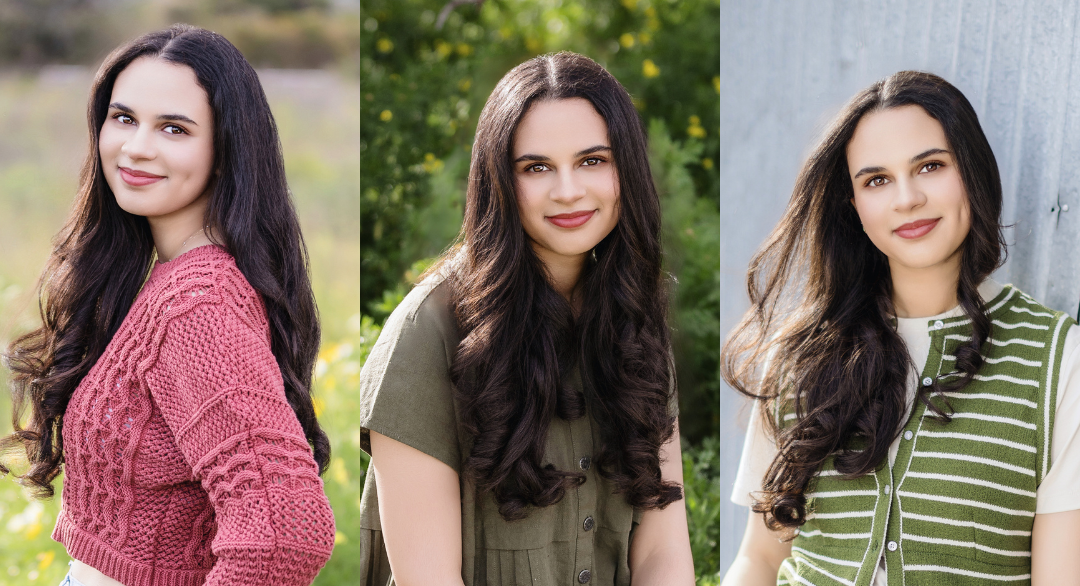 High school senior posing in three different outfits and outdoor locations in Orange County. Featuring a cozy knit sweater with jeans, a chic olive green dress, and a casual striped vest with denim, this Laguna Beach senior photography session highlights versatile style and natural beauty