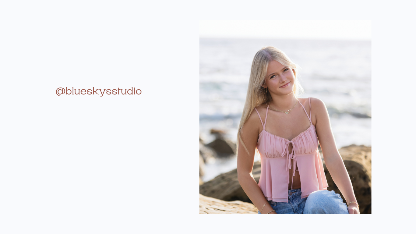 Golden hour senior portrait by the beach, featuring soft natural light and a relaxed, confident pose. Don't forget to tag @blueskysstudio when sharing your senior pictures to be featured!